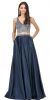 V-neck Bejeweled Top Long Satin Skirt Two Piece Prom Dress in Navy